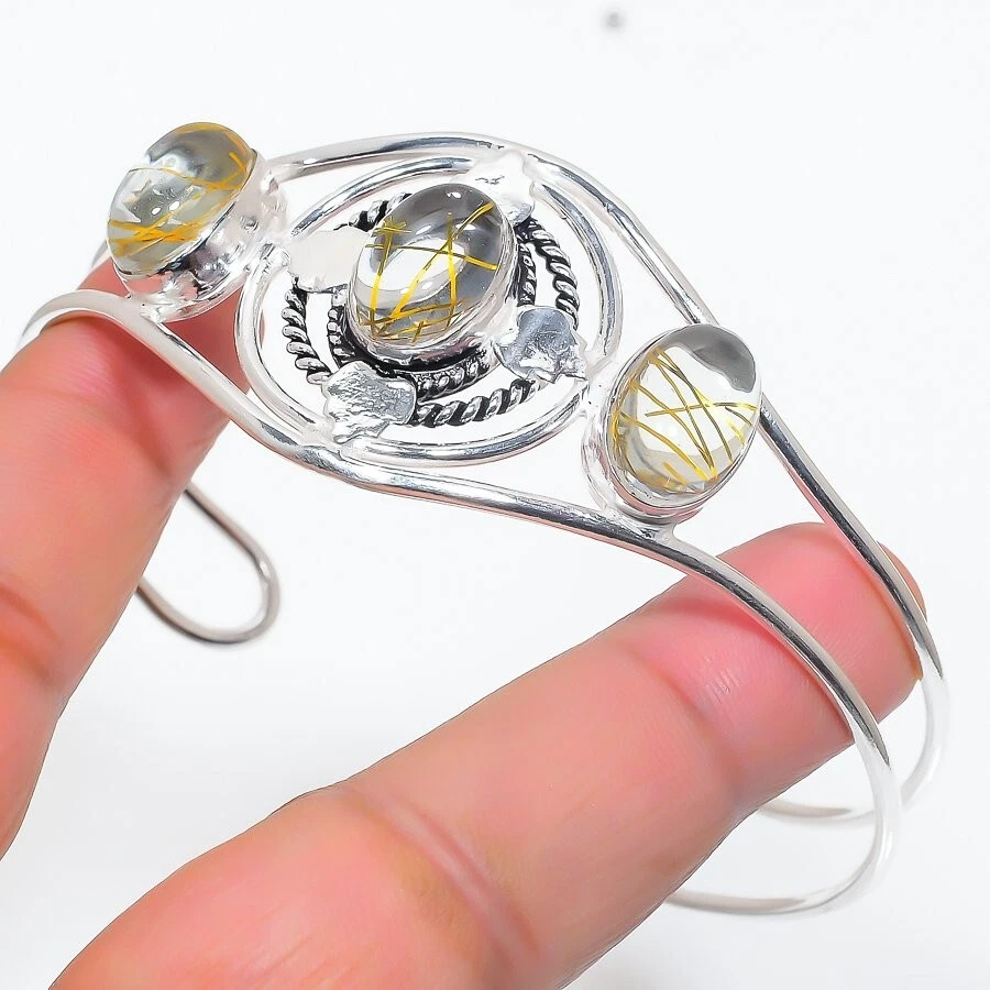 Rutilated Quartz Gemstone 925 Sterling Silver Jewelry Adjustable Cuff Bracelet - Image 1 of 1