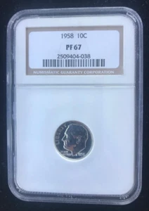Moneda de diez centavos Roosevelt 1958 ~ NGC PF-67 ~ 90 % plata ~ etiqueta marrón ~ prueba de huelga - Imagen 1 de 6