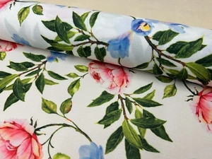 Printed crepe de chine soft dress fabric 150CM WIDE tropical flowers white red - Picture 1 of 6