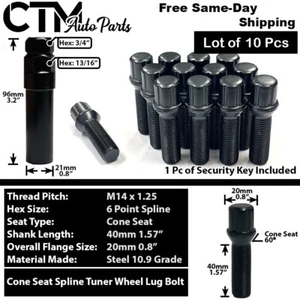 10x Black BMW 14x1.25 Extended Spline Lug Bolt 40mm Shank For 10-15mm Spacer Rim - Picture 1 of 6