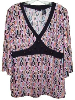 R.Q.T. Top Mujer Talla Grande ROSA NEGRO MELOCOTÓN Estampado Manga 3/4 CUENTAS Foto 1 de 4