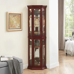 Lighted Wooden Curio Display Cabinet w/Glass Doors and Adjustable Glass Shelves - Picture 1 of 28