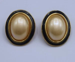 VINTAGE SIGNED CAROLEE MABE PEARL BLACK CRYSTALS PIERCED EARRINGS LARGE - Picture 1 of 5
