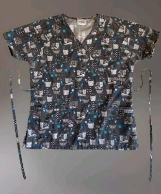 UA SCRUBS Medical Top Adjustable Waist Women’s Size Small Gray White Kitty Cats - Image 1 of 4