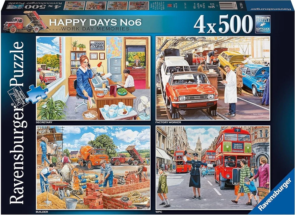 RAVENSBURGER Work Day Memories 4 x 500 Stück Retro Puzzle