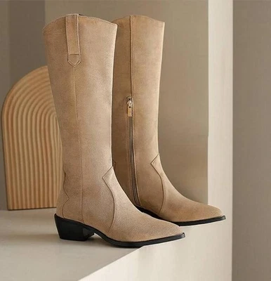 Botas hasta la rodilla para mujer Cremallera Gruesas Tacones bajos Informales Aire libre Trabajo Vaquera Zapatos Foto 1 de 4