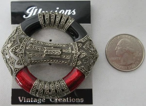 Illusions by Vintage Creations Brooch Pin Circle Silver Tone w/ Black & Red NWT - Picture 1 of 4