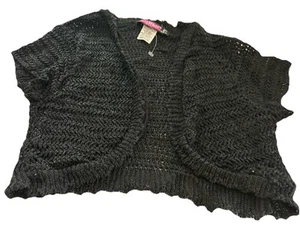 Little Girl Crochet Sweater Black Sz M Black Scalloped Edge Short Sleeves - Picture 1 of 3