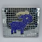 Hand Made Mosaic Art Goat Picture Mirrored Blue Glass Tile Animal Farm