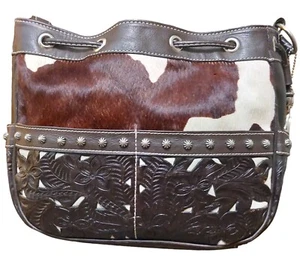 Bolso American West Pelo Sobre Marrón Blanco Cuero Tocado a Mano Vaca Caballo Estampado - Imagen 1 de 19