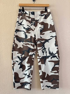 Pantaloni donna Nili Lotan Shon Crop nuovi con etichette 2 mimetici marrone avorio gamba larga botte bowleg - Foto 1 di 11