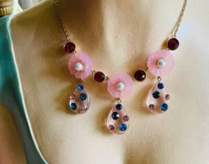 NWT BETSEY JOHNSON Enchanted Flower Drop Necklace - pinks, blue - Picture 1 of 9
