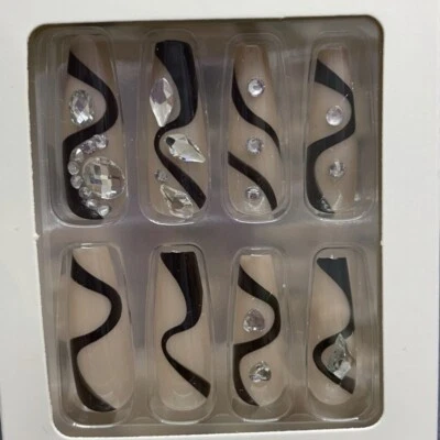 24pcs Black French Press On Nails Jeweled Long Coffin False Nail Art Fake Nails - Image 1 of 3