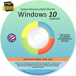 Reinstall DVD for Windows 10 All Versions 32/64 Bit. Recover Restore Repair Boot - Picture 1 of 2