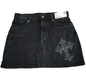 Engraved Gothic Cross Uniqlo Women Denim Mini Skirt Black Size 6 - Picture 1 of 6