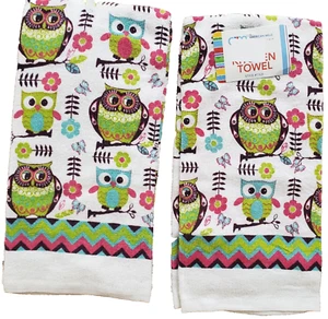 Set of 2 Same Printed Kitchen Towels (15"x25") MULTICOLOR OWLS & FLOWERS, AM - Picture 1 of 12