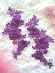Zum Selbermachen 3D Spitze Applikationen lila Blumen bestickt Spiegel Paar 10,5" zum Aufnähen (DH65) - Bild 1 von 1