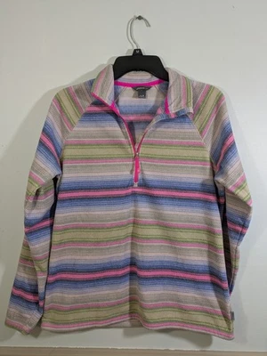 Eddie Bauer Women's 1/4 Zip Fleece Size M Striped Pink Blue Mock Neck - Image 1 of 3