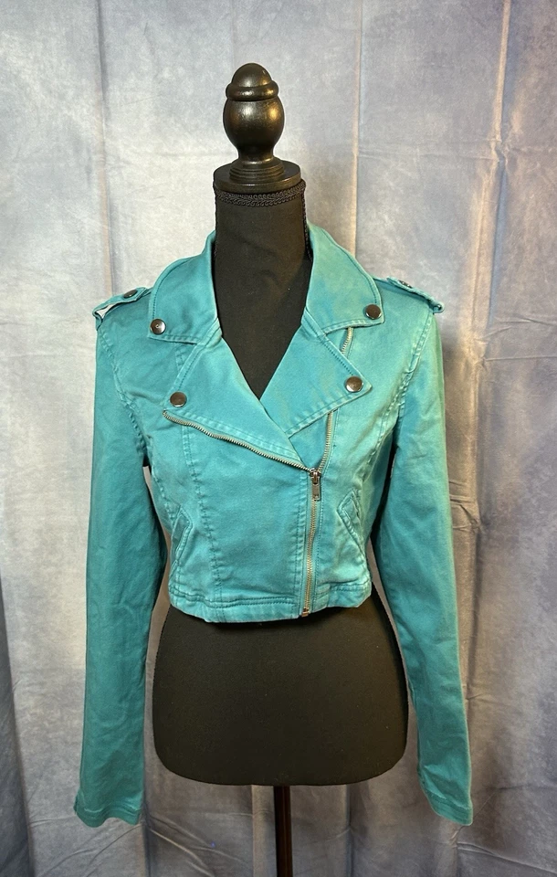 Celebrity Pink Blue Cropped Moto Jacket Women’s Size Medium - Image 1 of 4