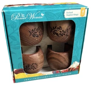 Pioneer Woman Napkin Rings Floral Etched Wooden Set of 4 Brown 2" x 1-1/2" Boxed - Picture 1 of 6