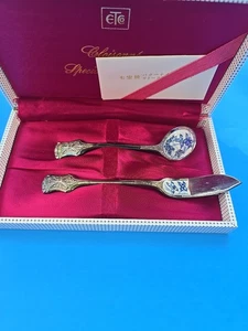 Cloisonne Linden Handicraft Spoon & Knife Set w Flower Pattern In Original Box - Picture 1 of 8