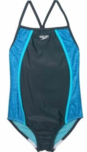 $120 Speedo Swimwear Girls Blue Gray Diamond Geo Splice One Piece Swimsuit Sz 10 - Picture 1 of 1