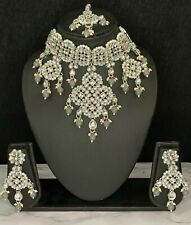 New Asian Indian Silver Grey Earrings Tikka Choker Jewellery Set Wedding Party