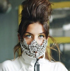Silver Jewel Crystal Half Face Mask Bling Burning Man Cover Festival Jewelry - Picture 1 of 6