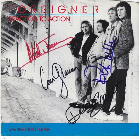 Foreigner 45 sleeve signed by entire band Lou Gramm Mick Jones Dennis Rick proof Cover