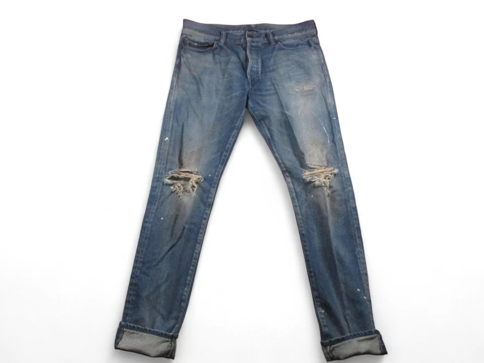 Jeans masculino John Elliott 34 azul desgastado joelhos rasgados feitos no Japão denim - Imagem 1 de 4