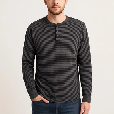 Camisa Henley de Manga Larga a Rayas Gris Negra Lucky Brand Para Hombre Talla L Foto 1 de 4