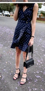 🌱 PORTMANS Signature Linen blue white wrap dress 16 flirty lined Polka Dots - Picture 1 of 21