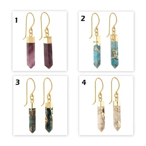 CopperTurquoise & Amethyst Pencil Shape Gold Electroplated Drop Dangle Earrings - Picture 1 of 9
