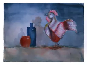 Original Mid Century Watercolor"Pink Chicken" 18 x 24" Farm/Kitchen/Wall decor - Picture 1 of 2