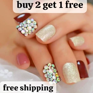 24Pc Red gold multi stone Fake Nail Glitter Acrylic Full Cover Christmas Square - Picture 1 of 7