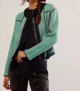 Free People One Tavi Quilted Jacket Hood Stitching Zip Up Snap Green Black XS - Picture 1 of 6