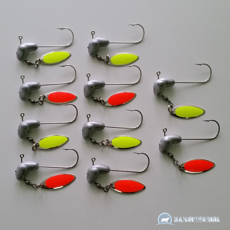 10 Stk. JIGKÖPFE MIT SPINNERBLATT JIGHAKEN FÜR GUMMIFISCHE HORSE JIG HEADS HAKEN - Bild 1 von 1