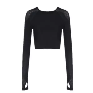 Mujeres Moda Ombligo Abierto Algodón Camisa Negra, Sexy Mangas Largas Prendas para el torso Informal de Yoga - Imagen 1 de 7