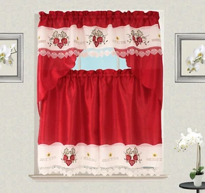 Strawberry Macrame Embroidery Design Kitchen Curtain w Swag and Tier Set 36 inch - Picture 1 of 5