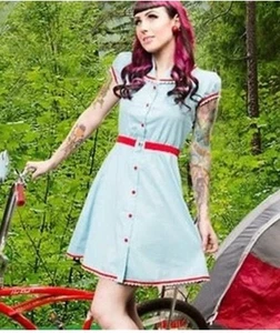 Sourpuss Blue Gingham Rockabilly Dress Size M Retro Pinup Cherry 1950s Diner - Picture 1 of 16