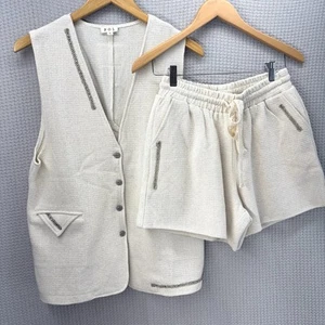 POL Dos Piezas Crema Tejido Chaleco Pantalones Cortos Mujeres Pequeño-Tweed Playa Boho Tranquilo Lujo - Imagen 1 de 16