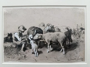 Originalzeichnung von Anton Breit – Schafhirte mit Herde (1878) - Bild 1 von 5