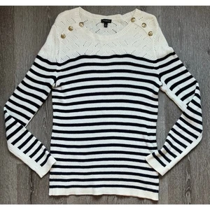 Talbot's Navy Cream Striped Nautical Gold Button Sweater Medium - Picture 1 of 9