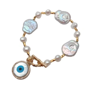 Cultured White Keshi Pearl Bracelet White Sea Shell Evil Charm Bracelet - Picture 1 of 6