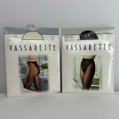 Paquete de dos bragas Vassarette de encaje floral corte alto pierna transparente largas marfil/negro #7640 Foto 1 de 4