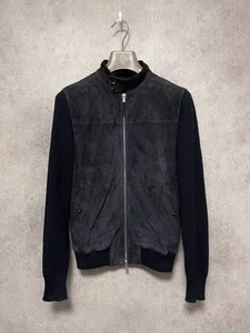 Men's eleventy eleventy Goat Leather knit Leather Jacket Blouson 44 S Size Navy - Picture 1 of 8