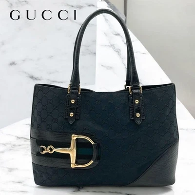 GUCCI GG Horsebit Sherry Line Tote Bag Black Canvas A4 Size Gold Hardware - Image 1 of 4