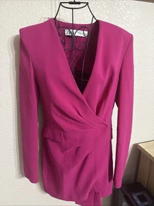 ZARA Women’s Draped Blazer Dress Size XS purple Fuscia Long Sleeve V-Neck- NEW! - Picture 1 of 8