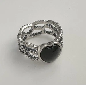ALE Pandora Black Onyx Mi Amor Heart Sterling Silver Ring Size56 - Picture 1 of 22