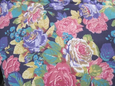Floral Cotton Fabric 44" x 1Yd Dark Purple With Roses Pink White Blue - Image 1 of 4